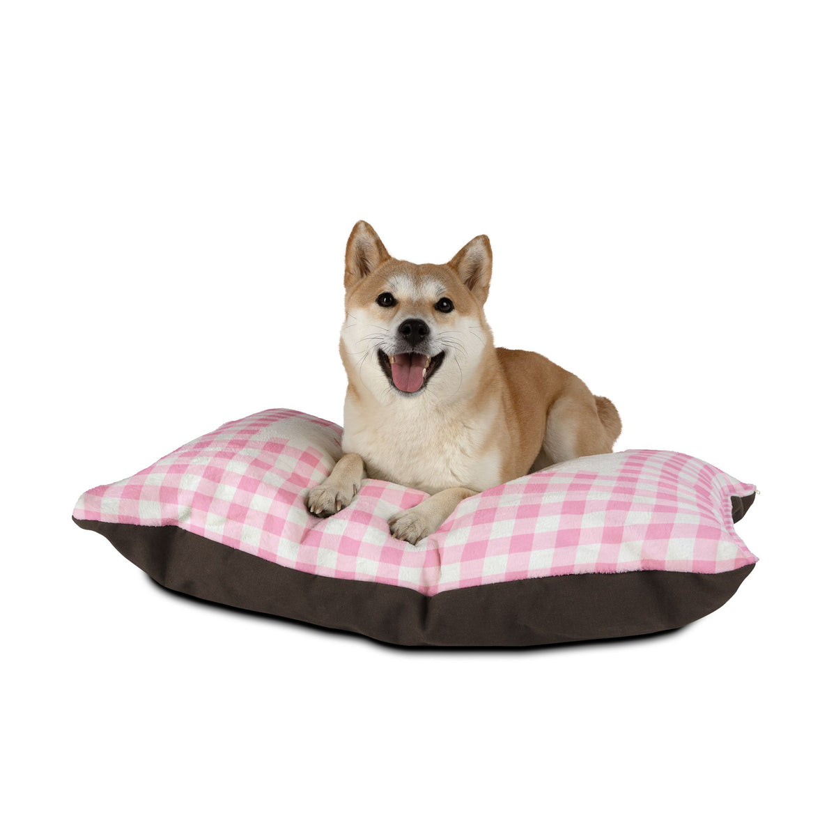 Personalised Pet Bed (Dog or Cat) with Name – Custom Pet Bed (Soft Pink and White Gingham Design)