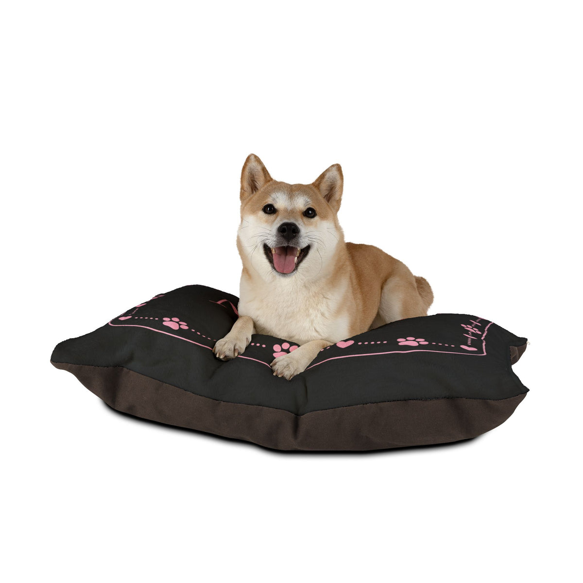 Personalised Pet Bed (Dog or Cat) with Name – Custom Pet Bed (Black with Pink Paw & Heart Border Design)