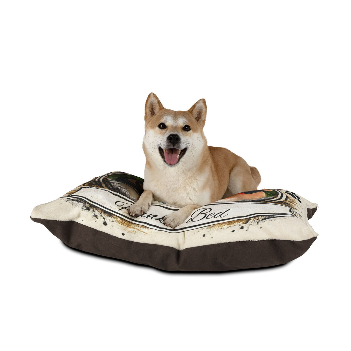 Personalised Pet Bed (Dog or Cat) with Photo & Name – Custom Pet Bed (Rustic Vintage Design)