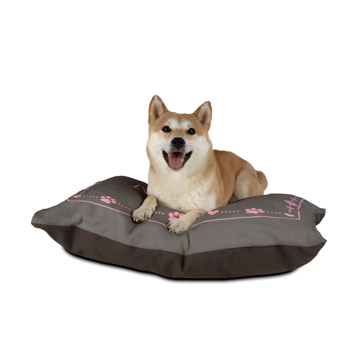 Personalised Pet Bed (Dog or Cat) with Name – Custom Pet Bed (Grey with Pink Paw & Heart Border Design)