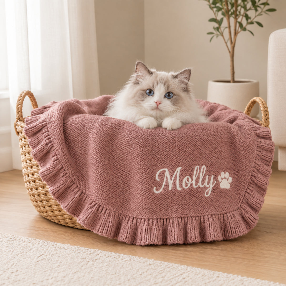 Knitted & Custom Embroidered Pet Blanket with Ruffled Edges (Pet Name)