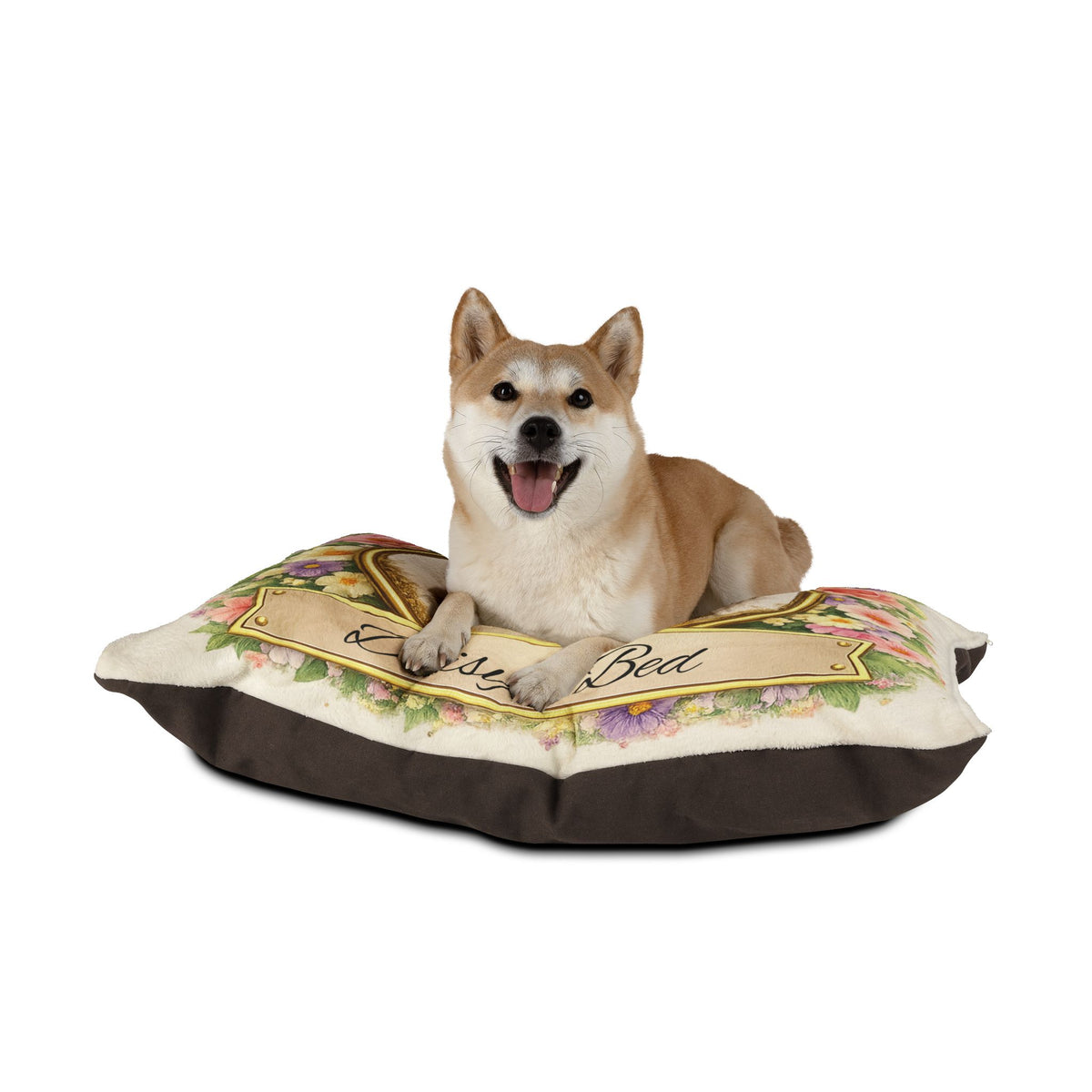 Personalised Pet Bed (Dog or Cat) with Photo & Name – Custom Pet Bed (Floral Portrait Design)