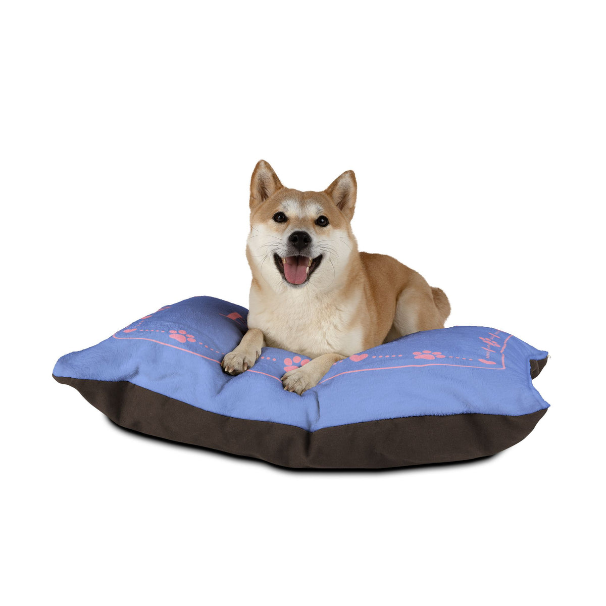 Personalised Pet Bed (Dog or Cat) with Name – Custom Pet Bed (Soft Blue with Pink Paw & Heart Border Design)