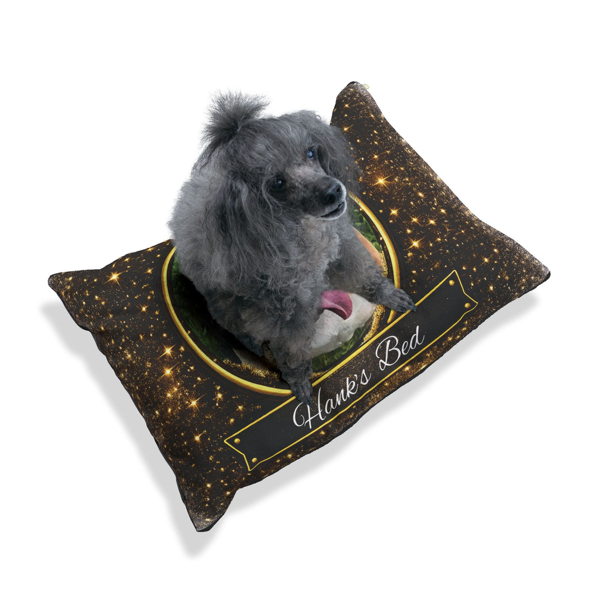 Personalised Pet Bed (Dog or Cat) with Photo & Name – Custom Pet Bed (Golden Twilight Design)