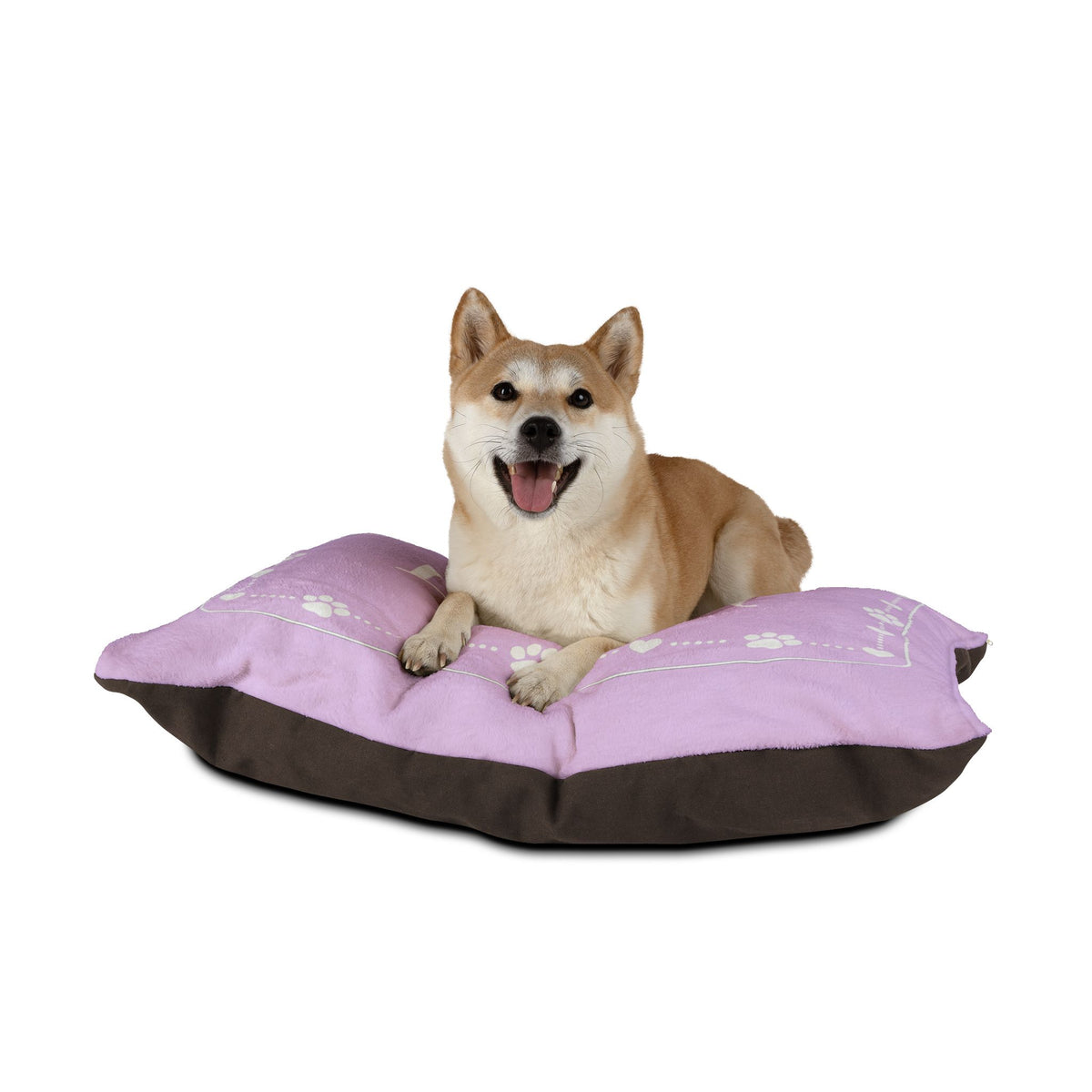 Personalised Pet Bed (Dog or Cat) with Name – Custom Pet Bed (Pink with White Paw & Heart Border Design)