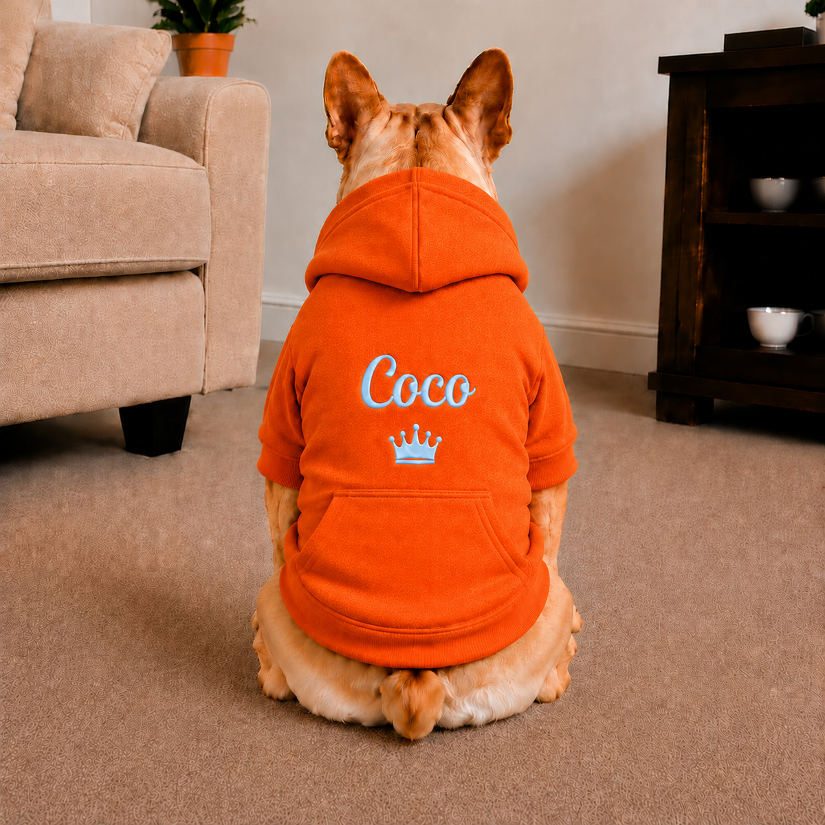 Pet Hoodie with Personalised Embroidery (Baby Blue Name & Crown)