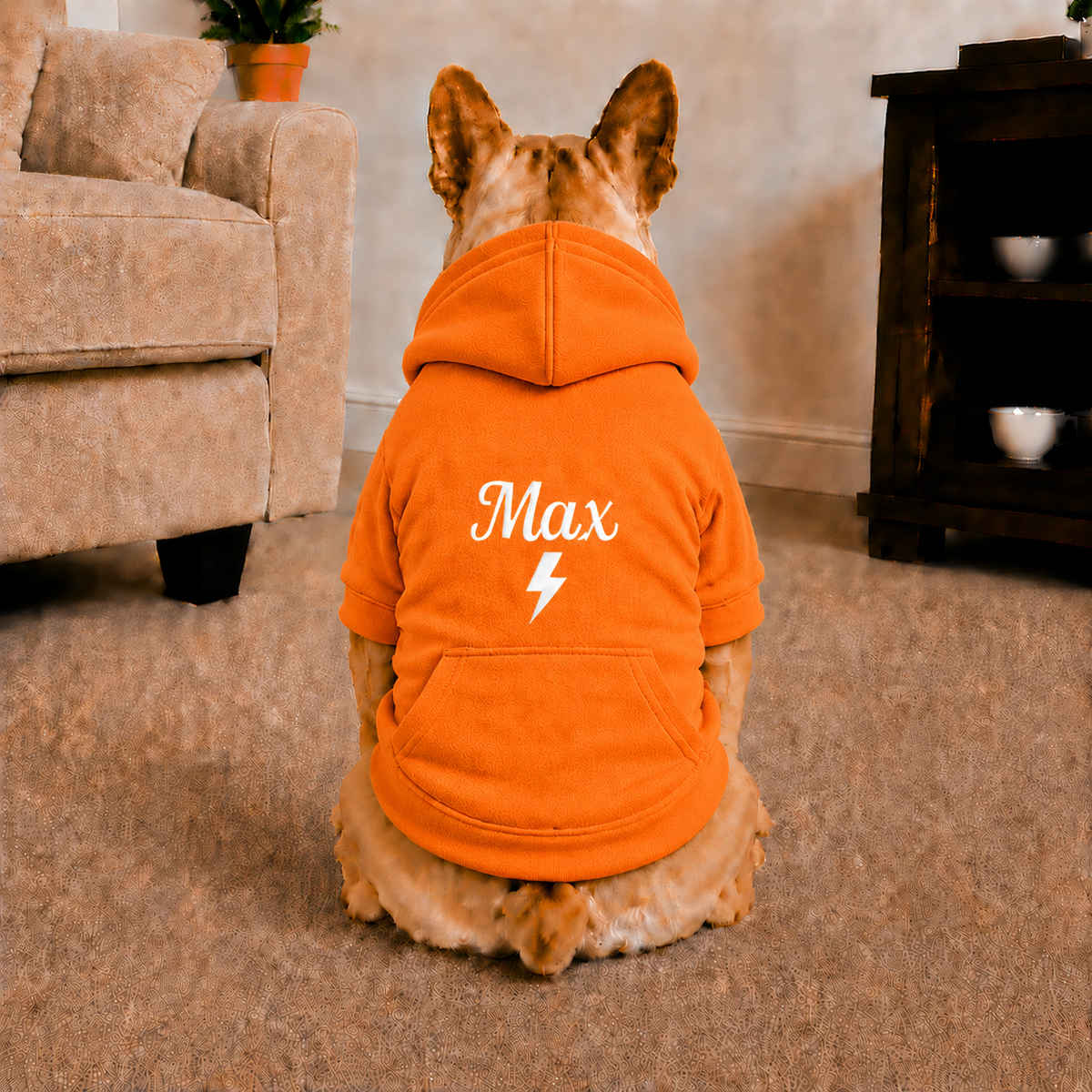 Pet Hoodie with Personalised Embroidery (White Name & Thunder Bolt)
