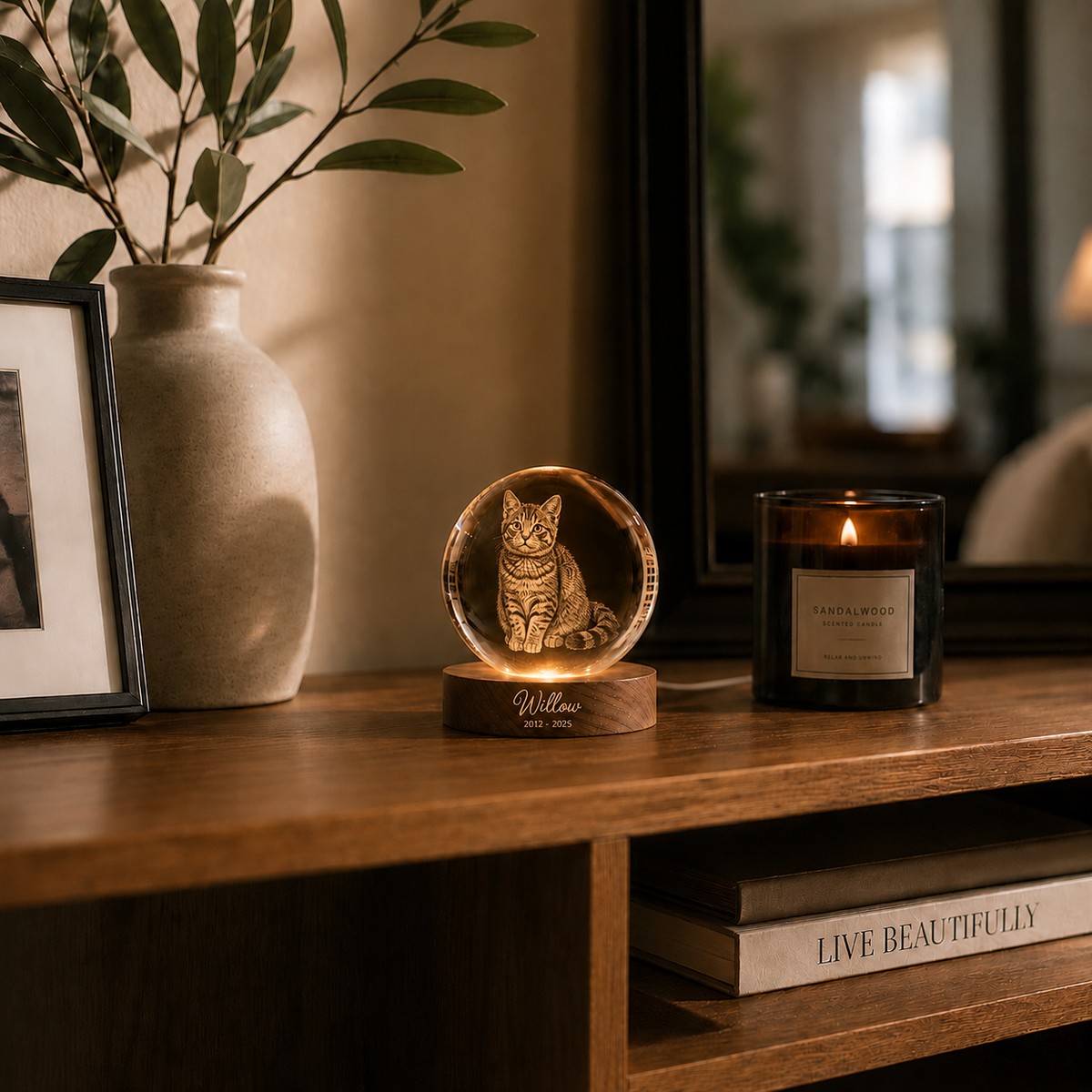 Personalised Crystal Ball Pet Memorial Lamp (Pet Photo & Name & Dates)