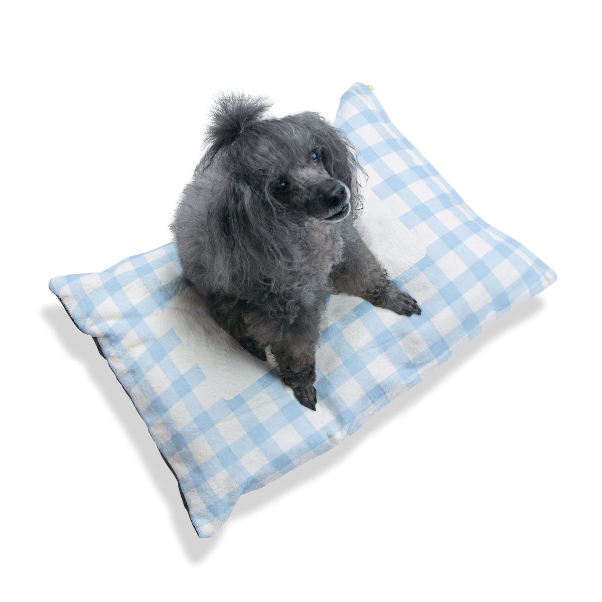 Personalised Pet Bed (Dog or Cat) with Name – Custom Pet Bed (Baby Blue and White Gingham Design)