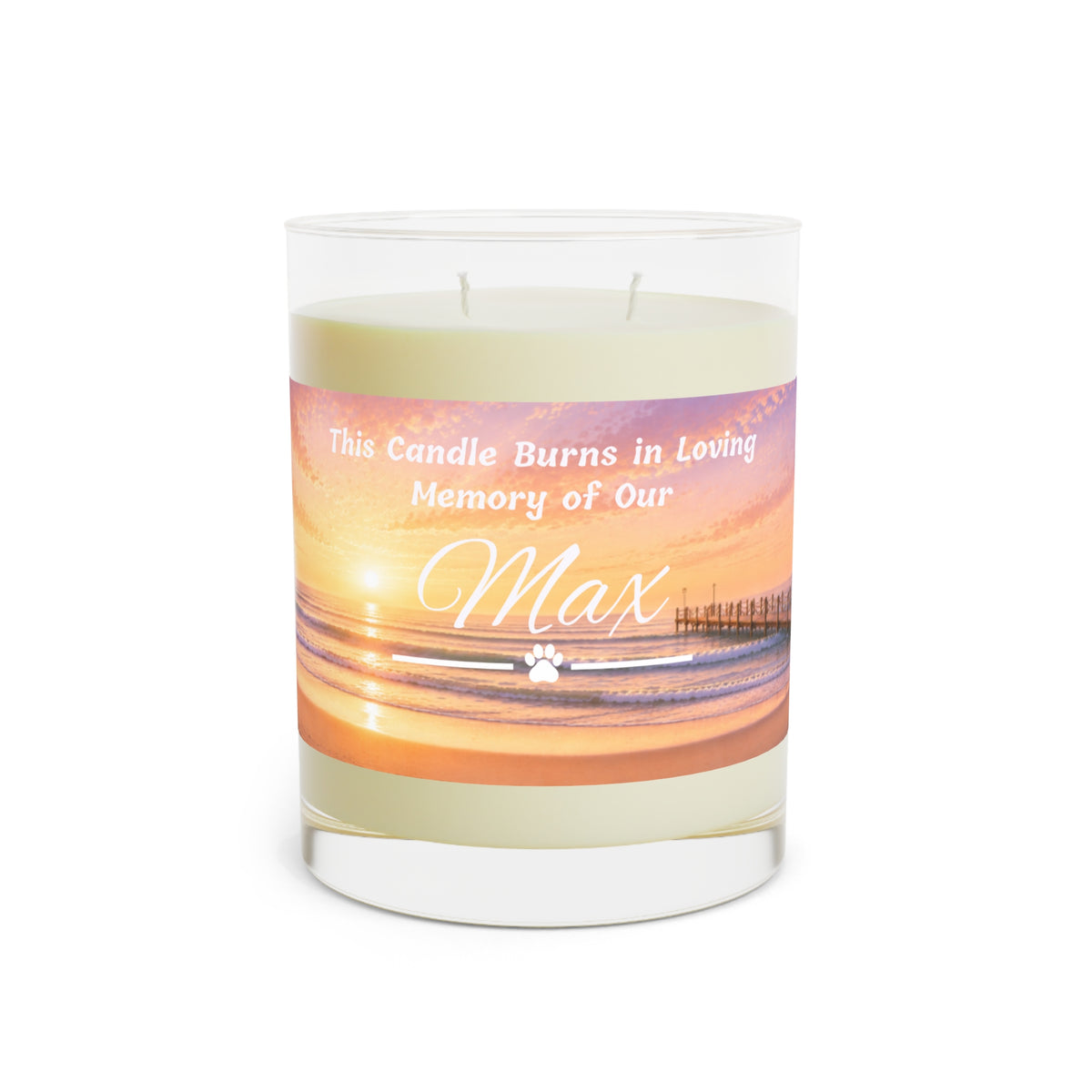 Rainbow Over the Pier – Personalised Pet Memorial Candle - White Text (Pet Photo & Name)