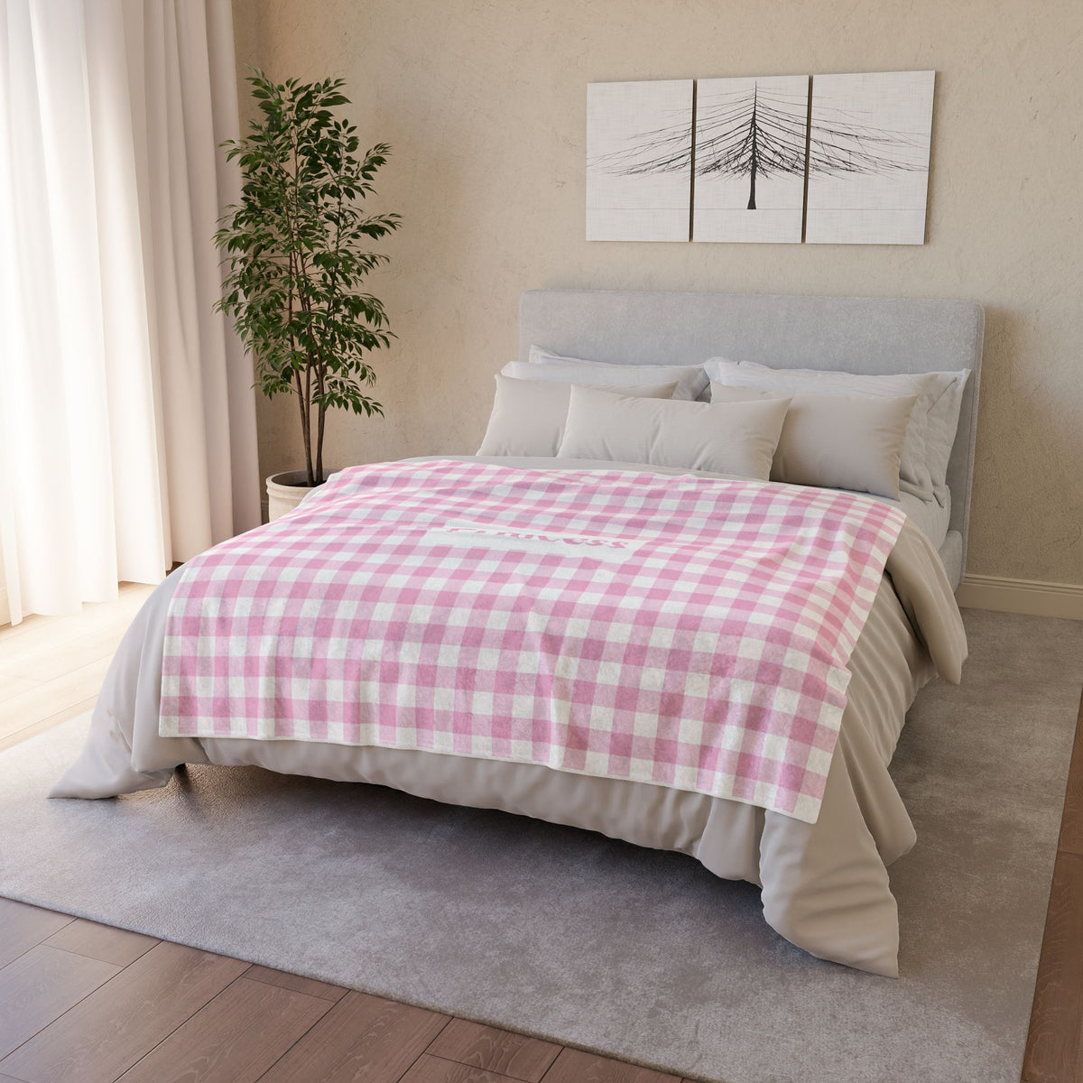 Personalised Baby Pink Gingham Fleece Pet Blanket (Pet Name)