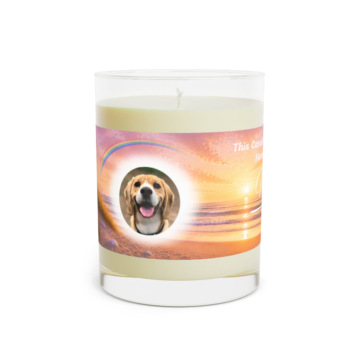 Rainbow Over the Pier – Personalised Pet Memorial Candle - White Text (Pet Photo & Name)