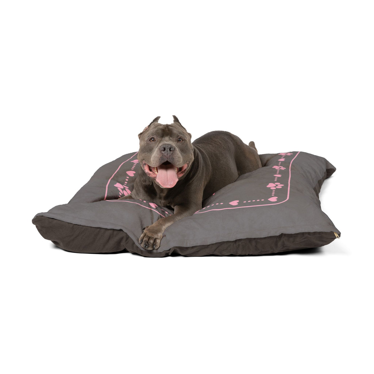Personalised Pet Bed (Dog or Cat) with Name – Custom Pet Bed (Grey with Pink Paw & Heart Border Design)