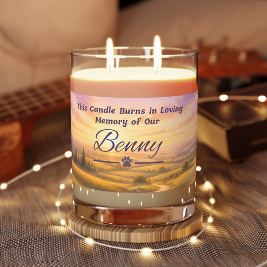 Rainbow Over Landscape – Personalised Pet Memorial Candle - Purple Text (Pet Photo & Name)