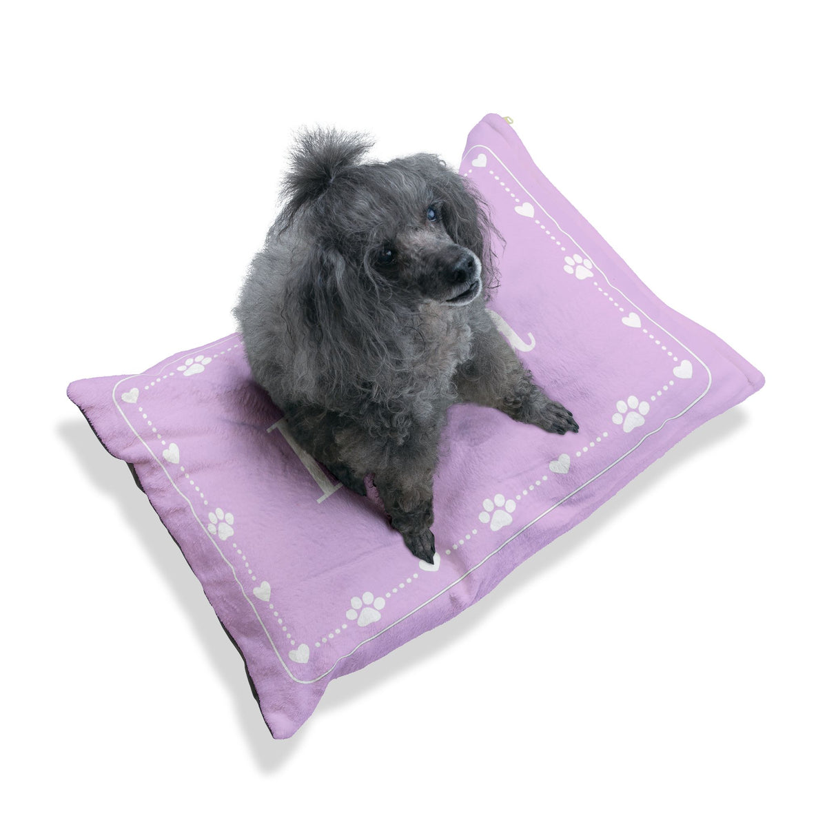 Personalised Pet Bed (Dog or Cat) with Name – Custom Pet Bed (Pink with White Paw & Heart Border Design)