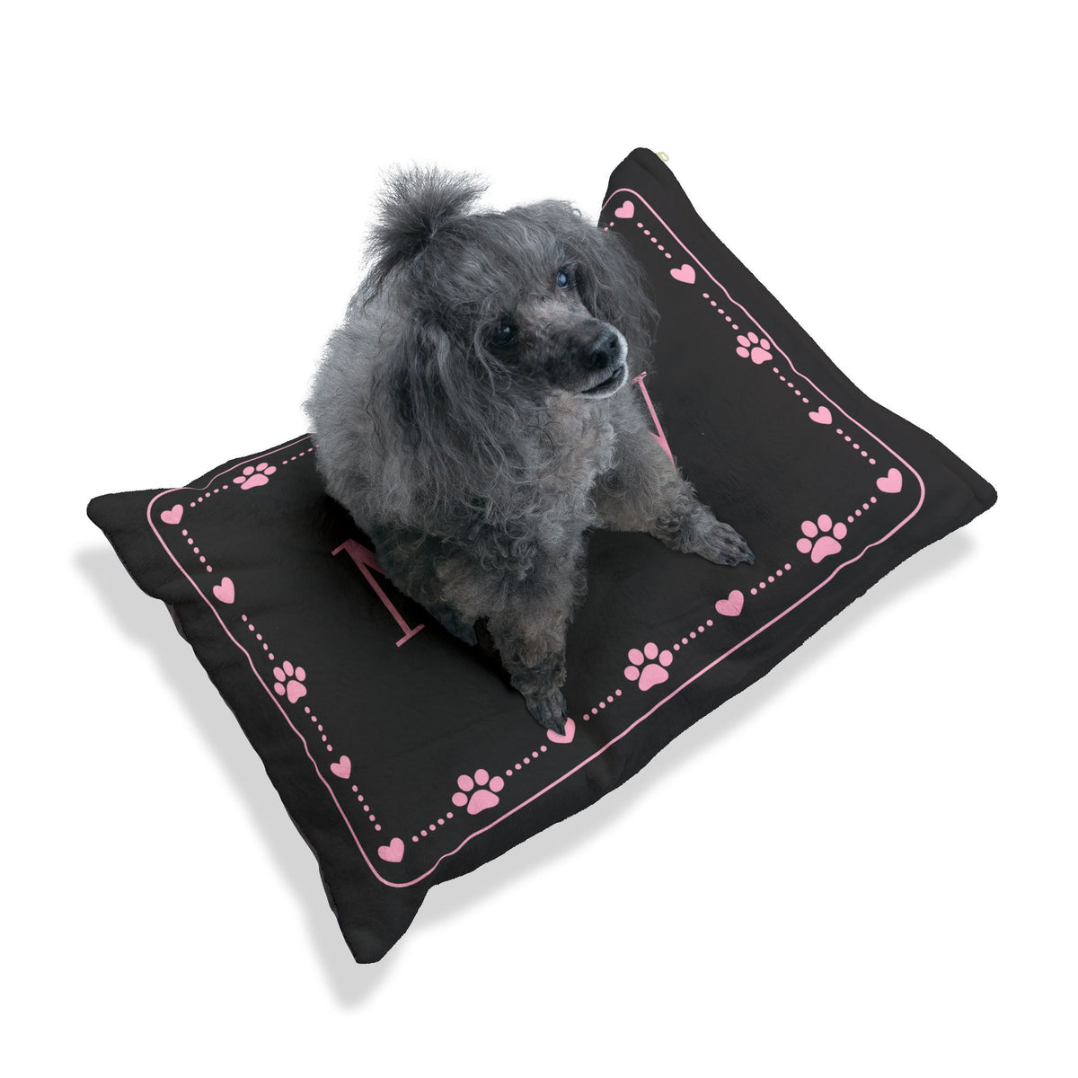 Personalised Pet Bed (Dog or Cat) with Name – Custom Pet Bed (Black with Pink Paw & Heart Border Design)