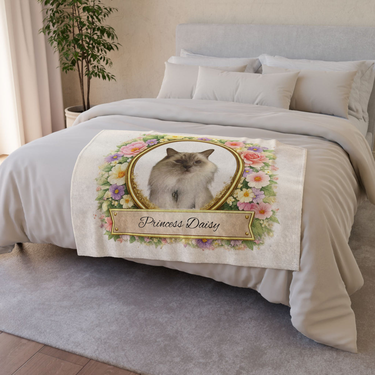 Personalised Floral Design, Fleece Pet Blanket (Pet Name & Photo)