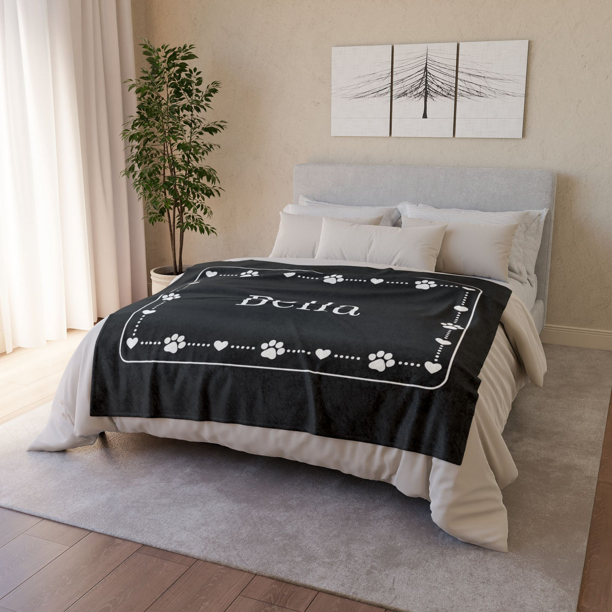 Personalised Fleece Pet Blanket, Black with White Paw & Heart (Pet Name)