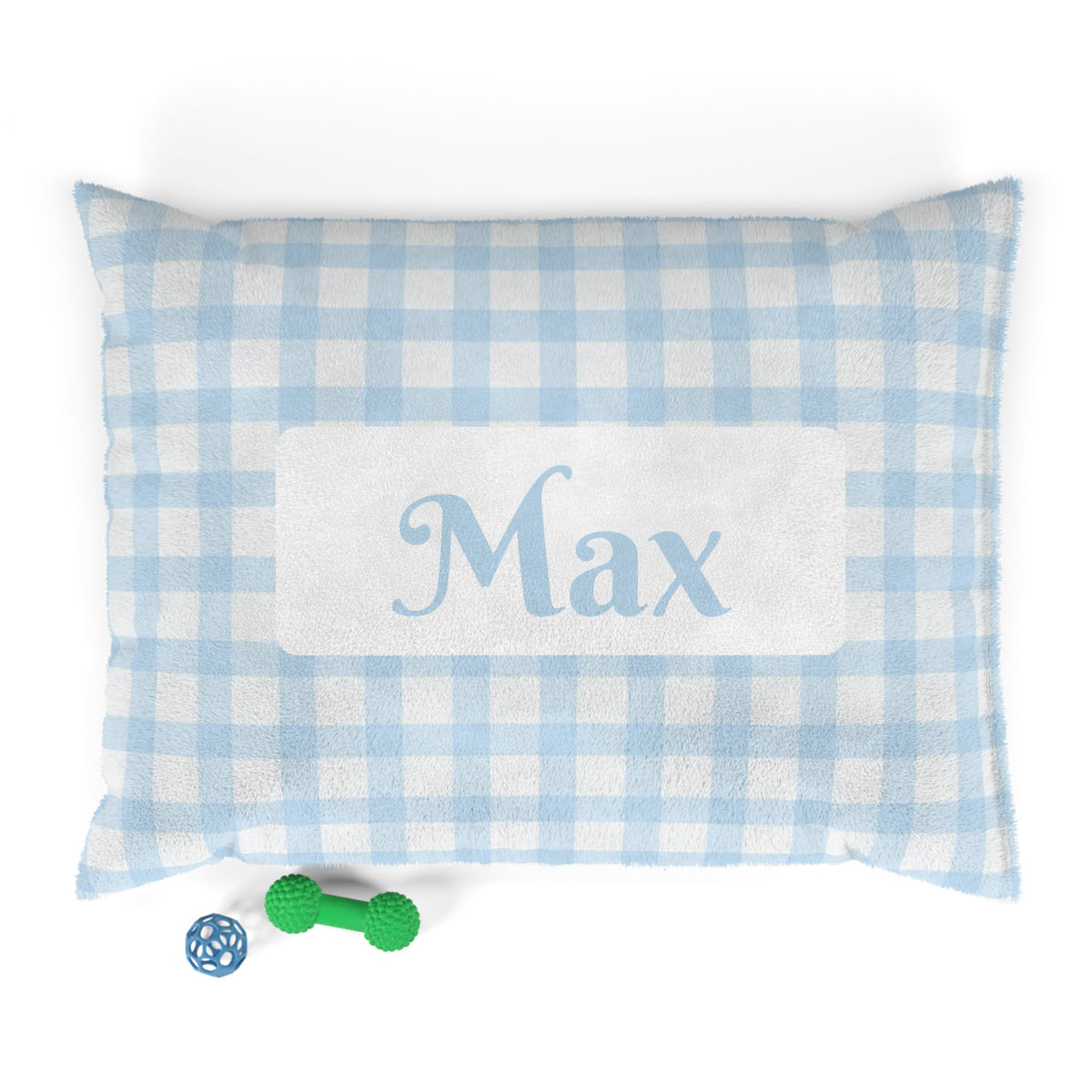 Personalised Pet Bed (Dog or Cat) with Name – Custom Pet Bed (Baby Blue and White Gingham Design)