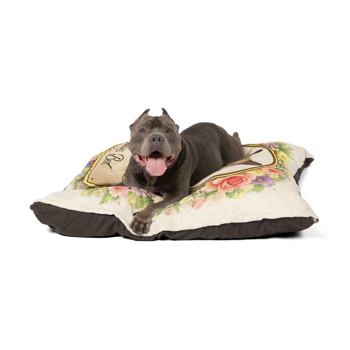 Personalised Pet Bed (Dog or Cat) with Photo & Name – Custom Pet Bed (Floral Portrait Design)