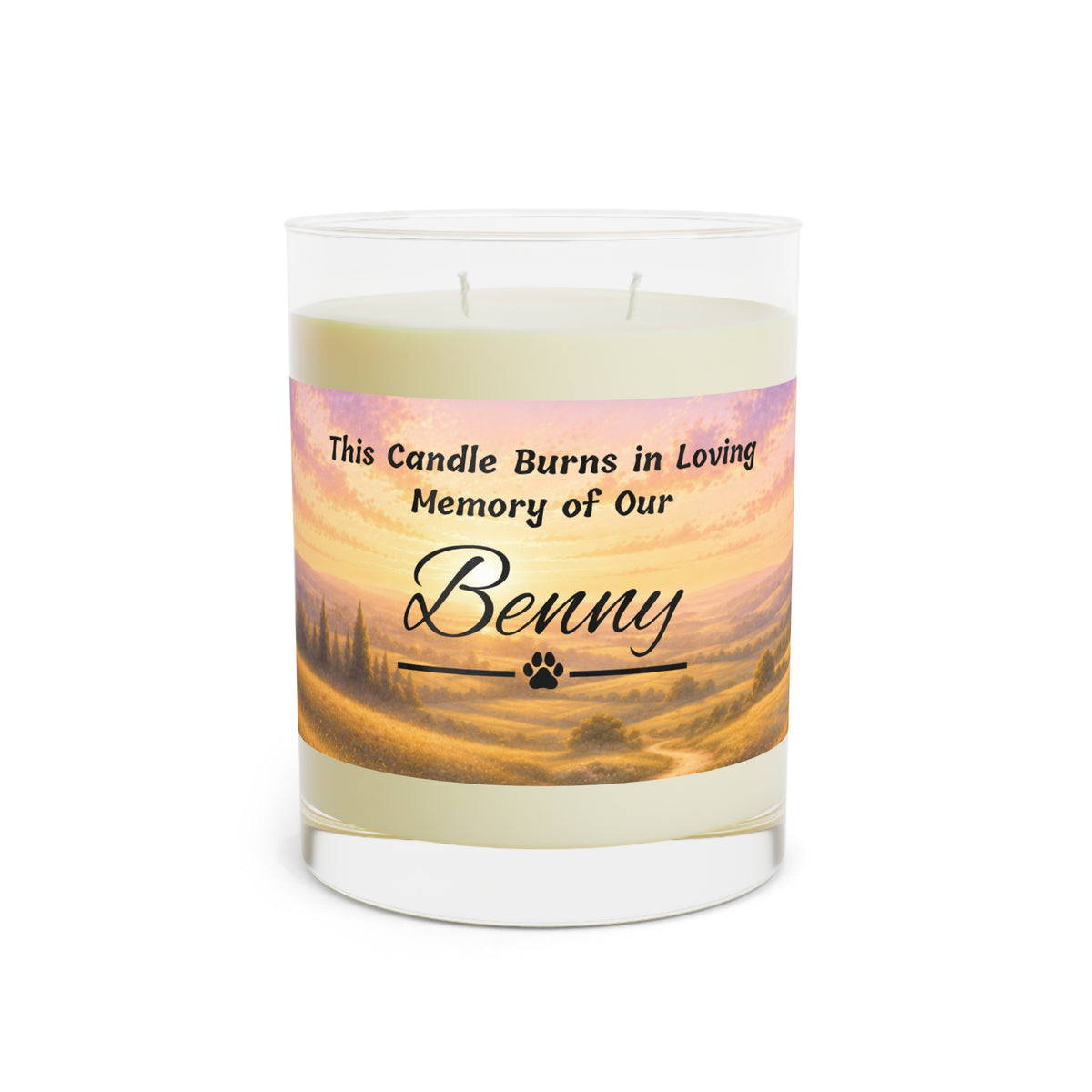 Rainbow Over Landscape – Personalised Pet Memorial Candle - Black Text (Pet Photo & Name)