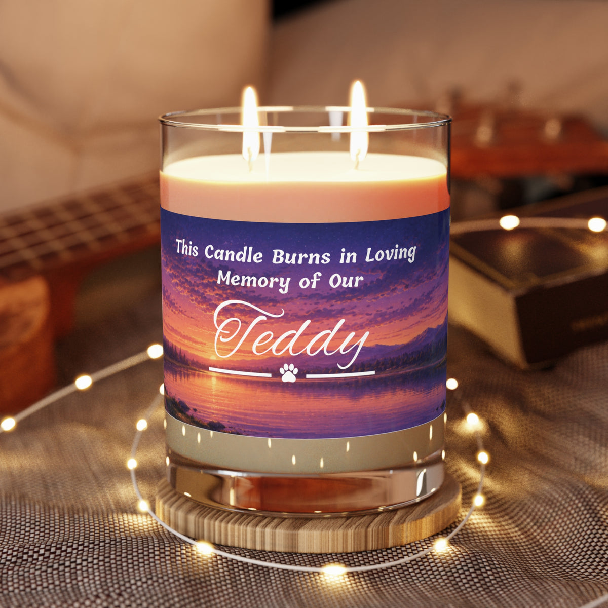 Rainbow Over Twilight – Personalised Pet Memorial Candle - White Text (Pet Photo & Name)
