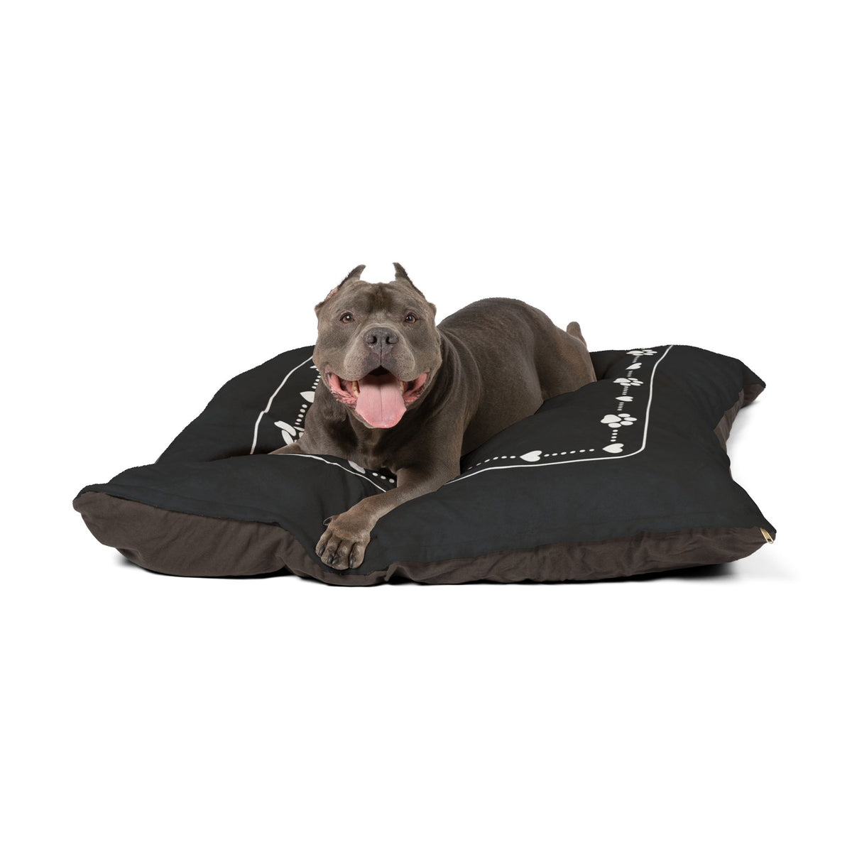 Personalised Pet Bed (Dog or Cat) with Name – Custom Pet Bed (Black with White Paw & Heart Border Design)