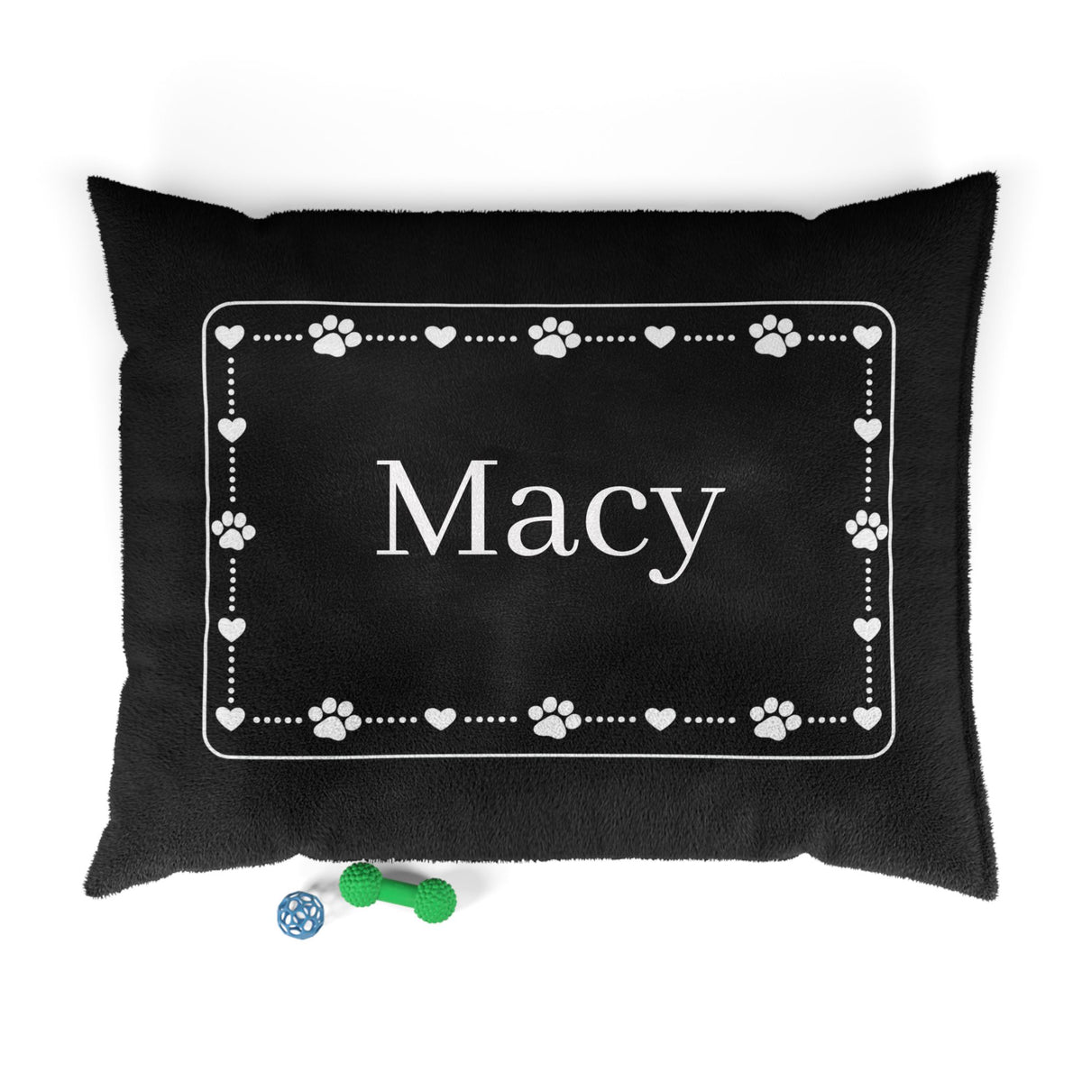 Personalised Pet Bed (Dog or Cat) with Name – Custom Pet Bed (Black with White Paw & Heart Border Design)