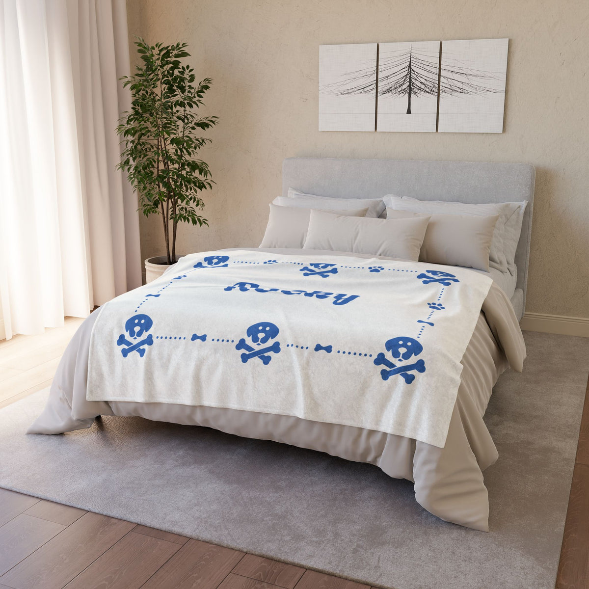 Personalised Fleece Pet Blanket, White with Blue Dog Cross Bone (Pet Name)