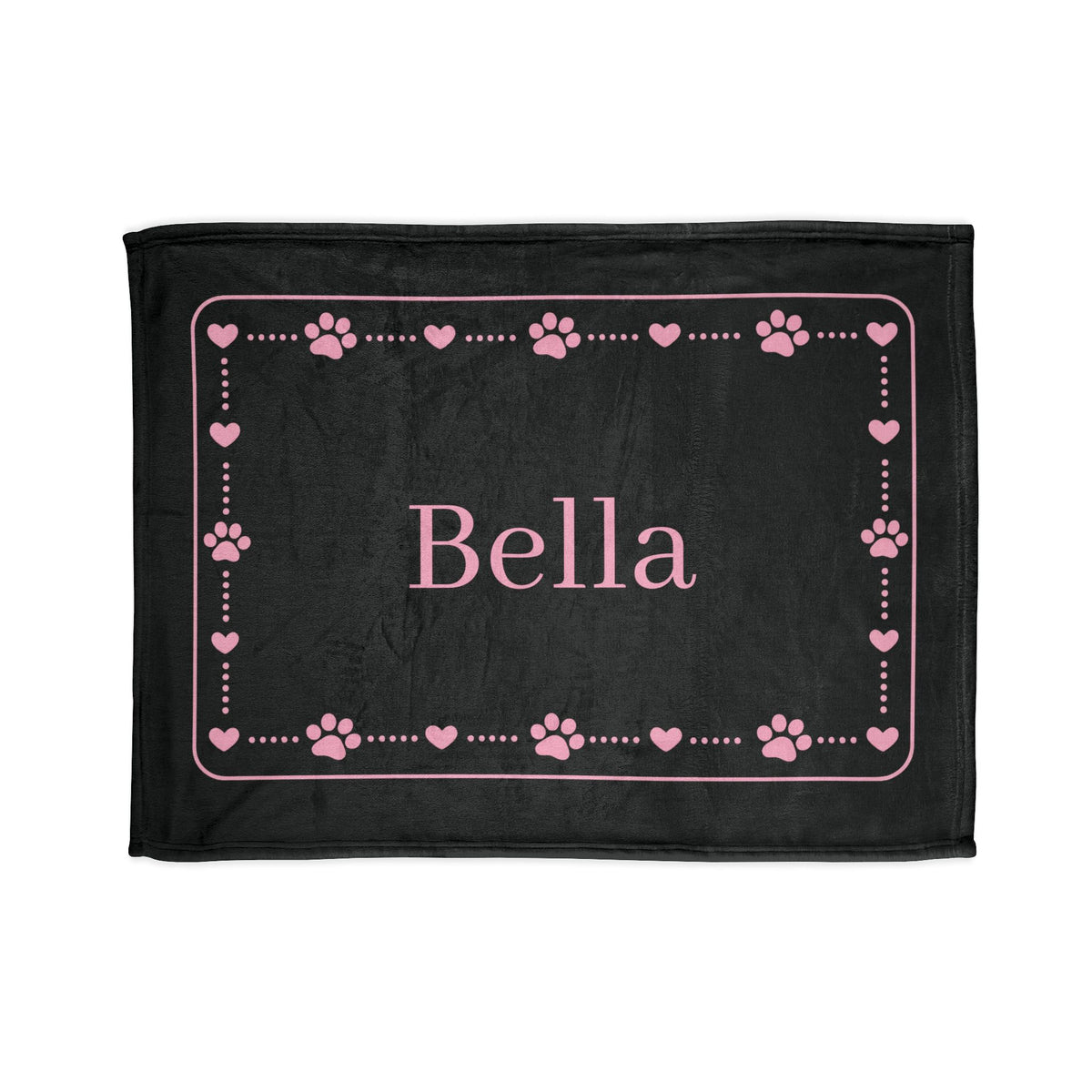 Personalised Fleece Pet Blanket, Black with Soft Pink Paw & Heart (Pet Name)
