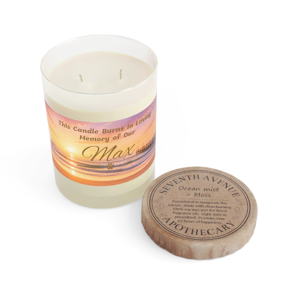 Rainbow Over Pier – Personalised Pet Memorial Candle - Gold Text (Pet Photo & Name)