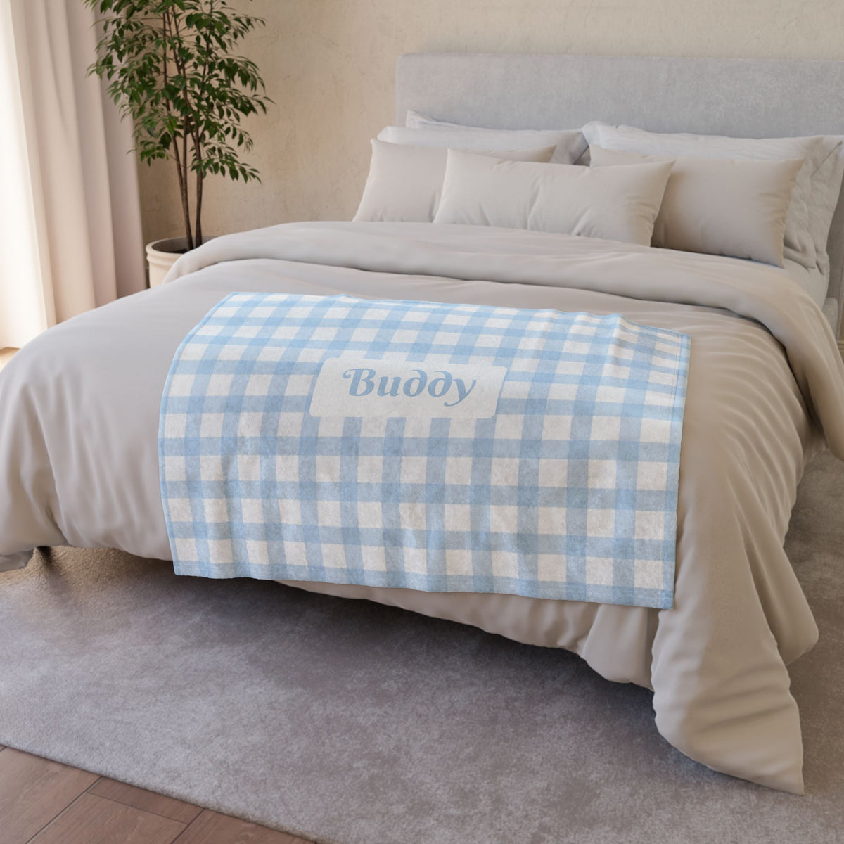 Personalised Baby Blue Gingham Fleece Pet Blanket (Pet Name)