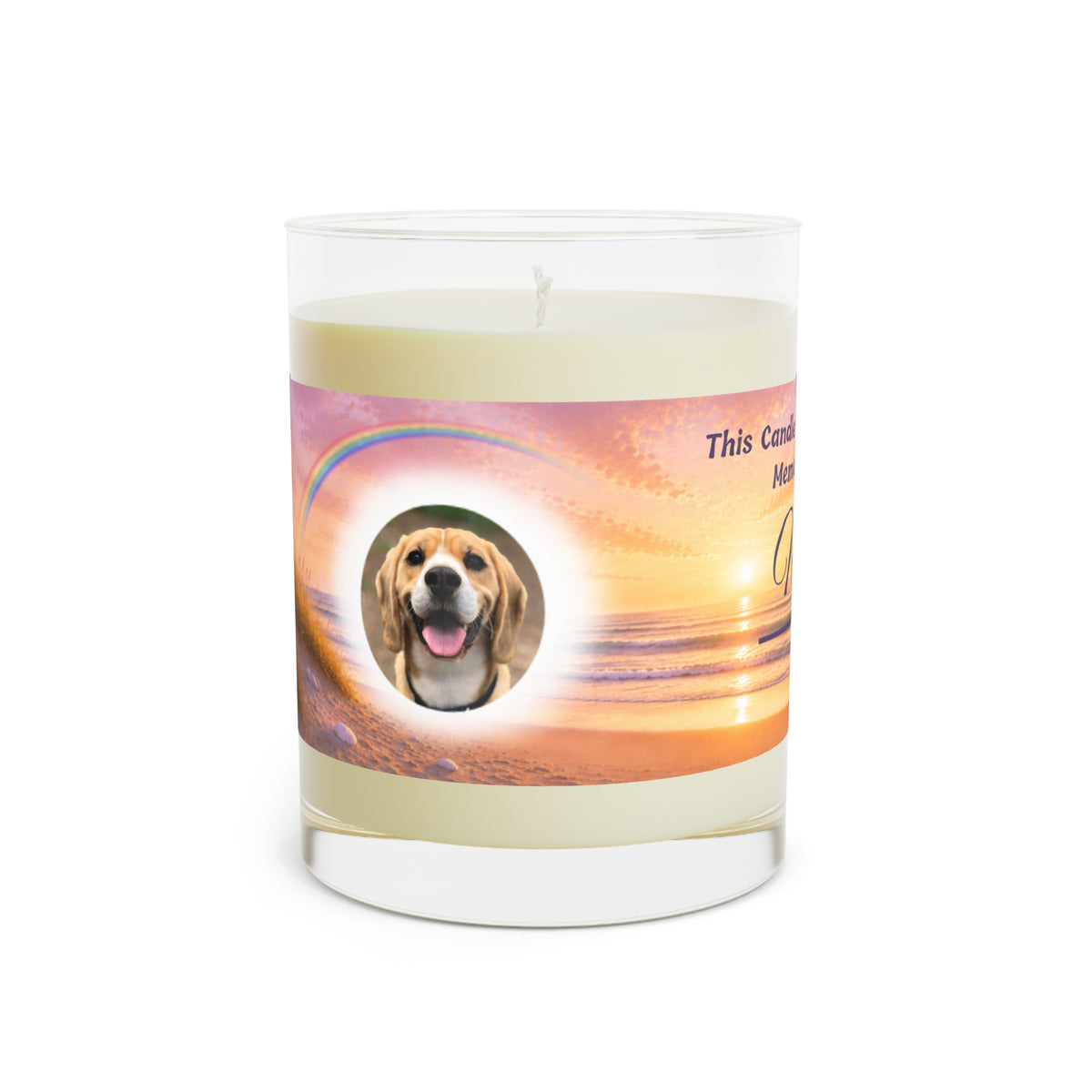 Rainbow Over Pier – Personalised Pet Memorial Candle - Purple Text (Pet Photo & Name)