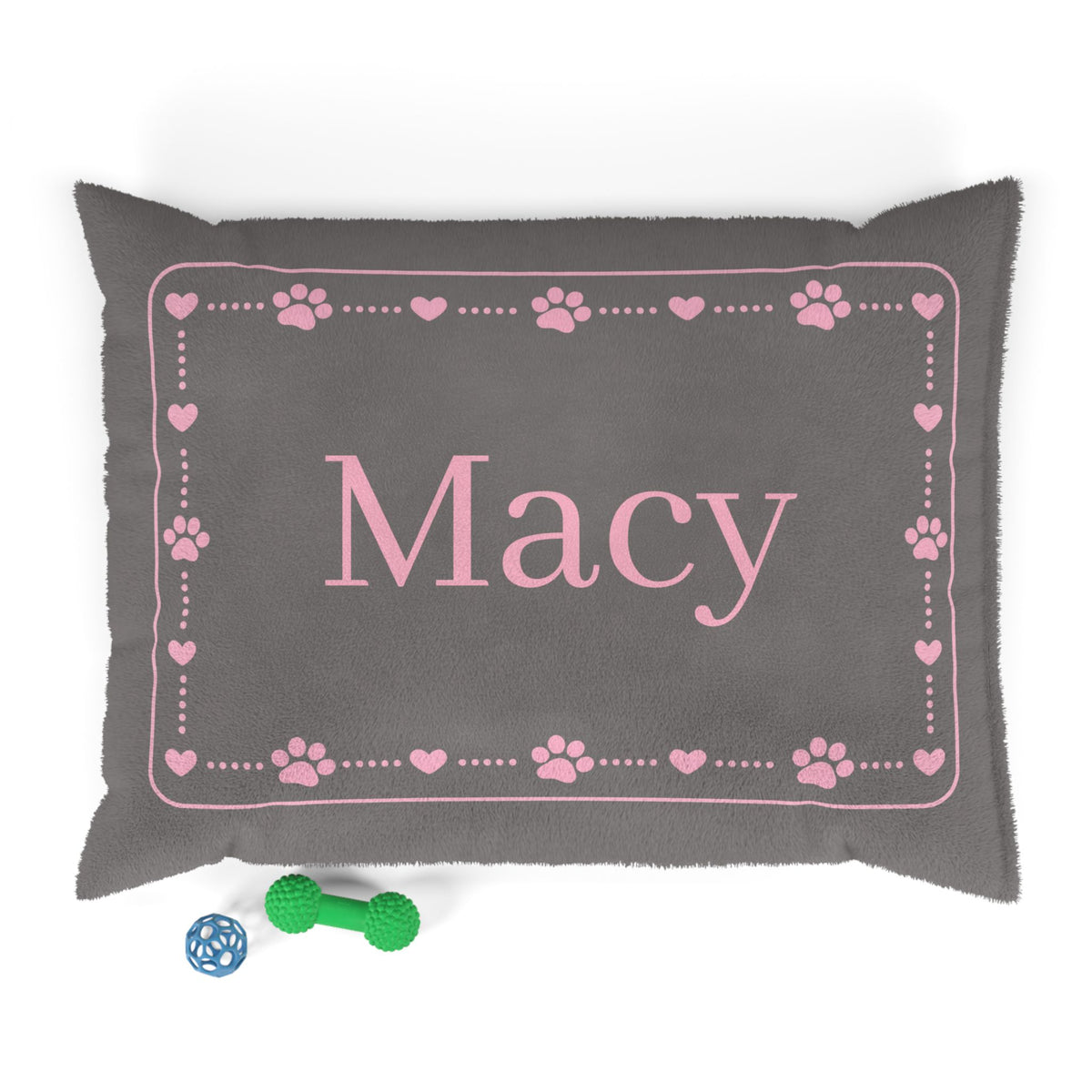 Personalised Pet Bed (Dog or Cat) with Name – Custom Pet Bed (Grey with Pink Paw & Heart Border Design)