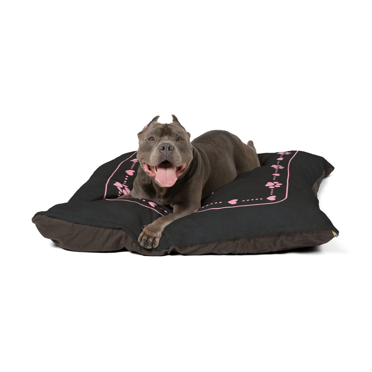 Personalised Pet Bed (Dog or Cat) with Name – Custom Pet Bed (Black with Pink Paw & Heart Border Design)