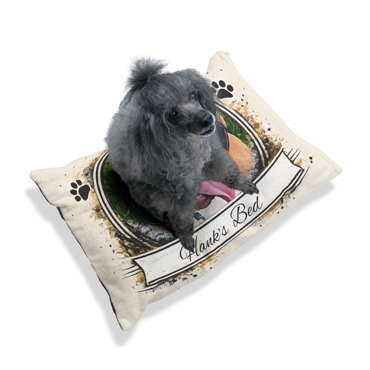 Personalised Pet Bed (Dog or Cat) with Photo & Name – Custom Pet Bed (Rustic Vintage Design)