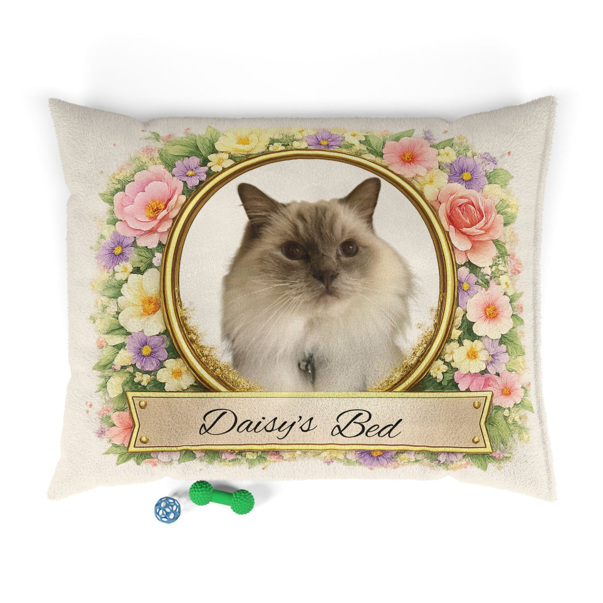 Personalised Pet Bed (Dog or Cat) with Photo & Name – Custom Pet Bed (Floral Portrait Design)