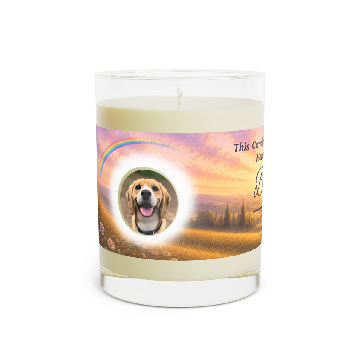 Rainbow Over Landscape – Personalised Pet Memorial Candle - Purple Text (Pet Photo & Name)