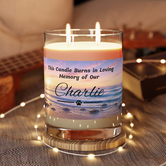 Rainbow Over the Seascape – Personalised Pet Memorial Candle - Black Text (Pet Photo & Name)
