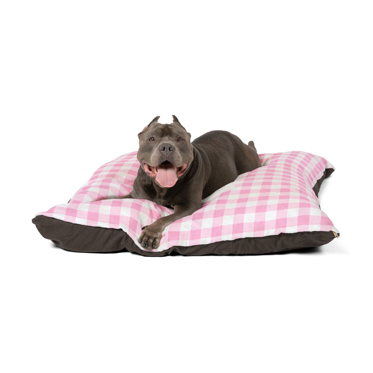 Personalised Pet Bed (Dog or Cat) with Name – Custom Pet Bed (Soft Pink and White Gingham Design)