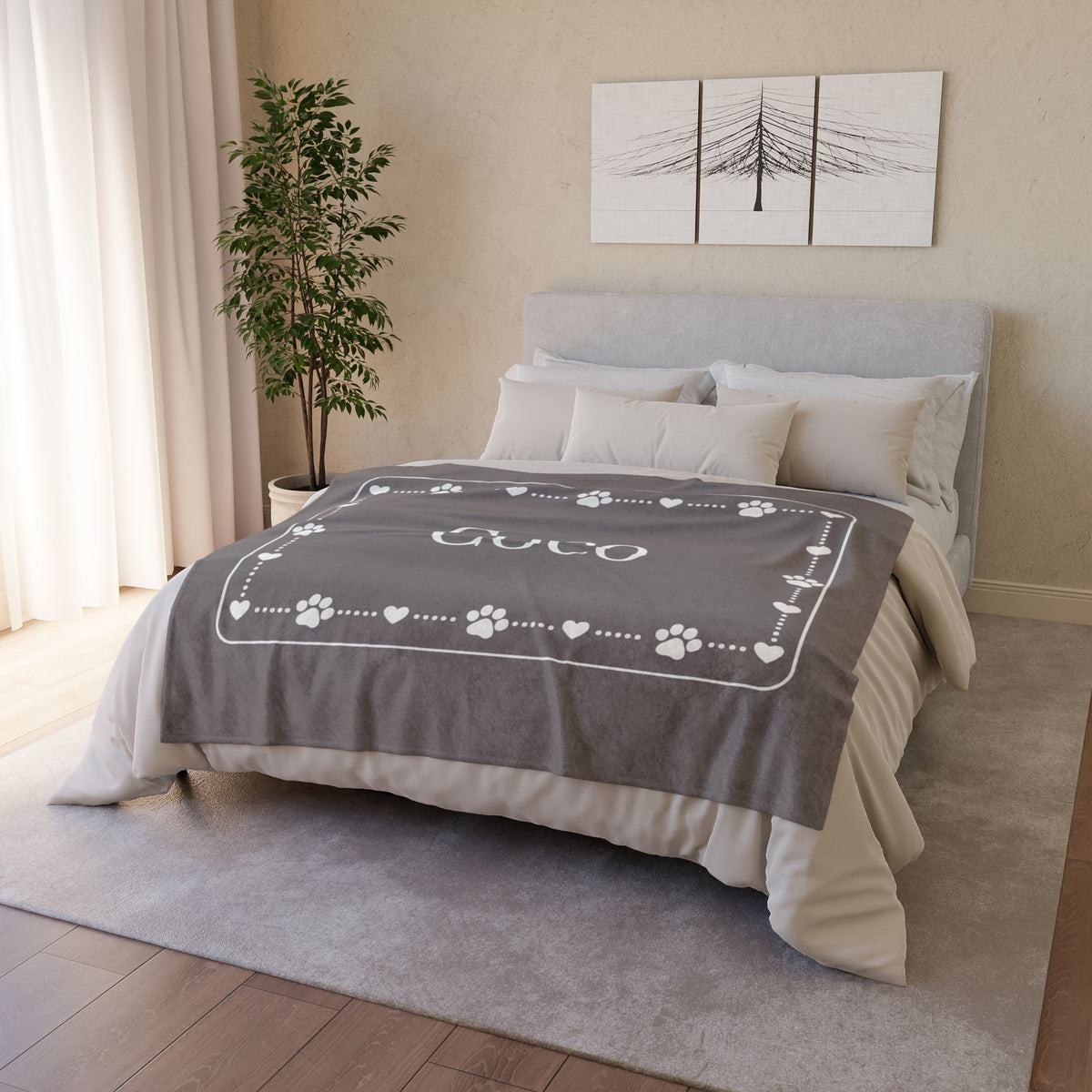 Personalised Fleece Pet Blanket, Soft Grey with White Paw & Heart (Pet Name)
