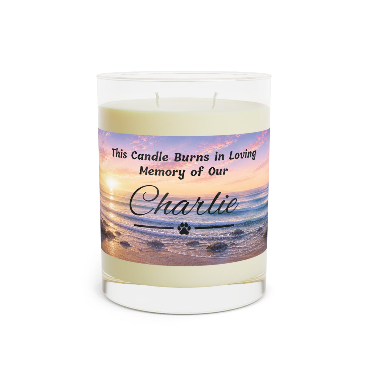 Rainbow Over the Seascape – Personalised Pet Memorial Candle - Black Text (Pet Photo & Name)