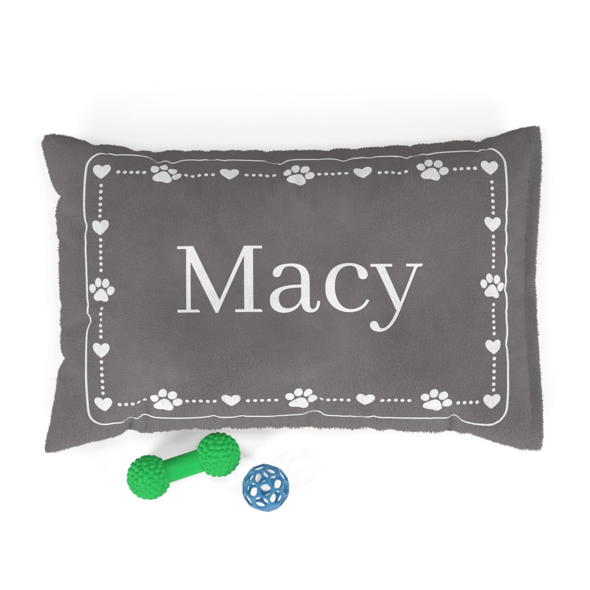 Personalised Pet Bed (Dog or Cat) with Name – Custom Pet Bed (Grey with White Paw & Heart Border Design)