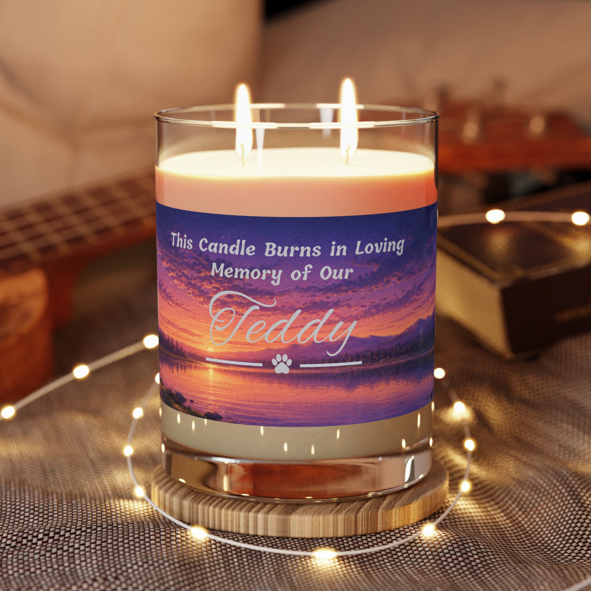 Rainbow Over Twilight – Personalised Pet Memorial Candle - Silver Text (Pet Photo & Name)