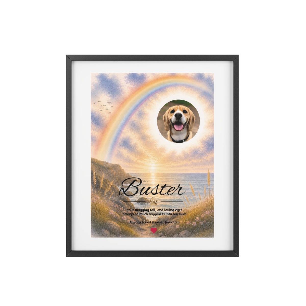 Rainbow Bridge over the Seascape - Personalised Framed Pet Memorial Print (Pet Photo & Name)