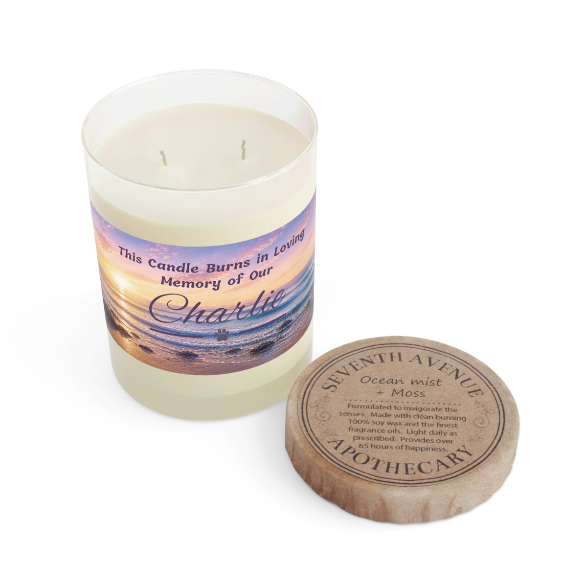 Rainbow Over the Seascape – Personalised Memorial Candle - Purple Text (Pet Photo & Name)
