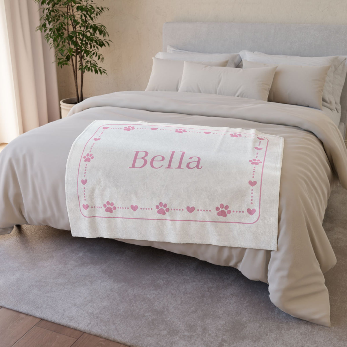 Personalised Fleece Pet Blanket, White with Soft Pink Paw & Heart (Pet Name)