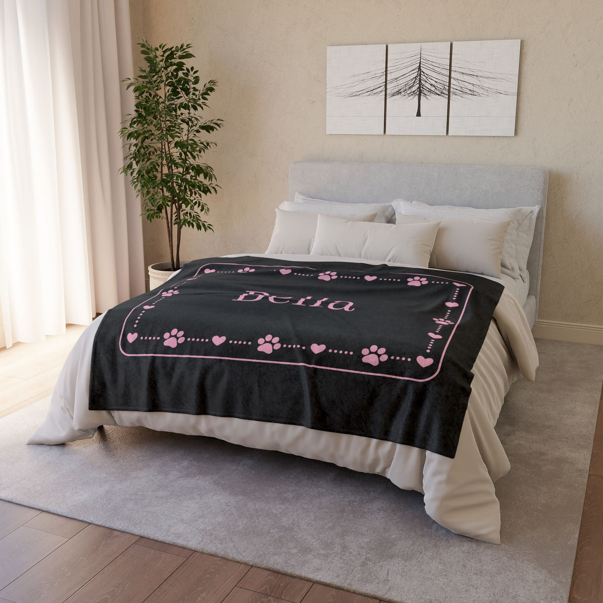 Personalised Fleece Pet Blanket, Black with Soft Pink Paw & Heart (Pet Name)