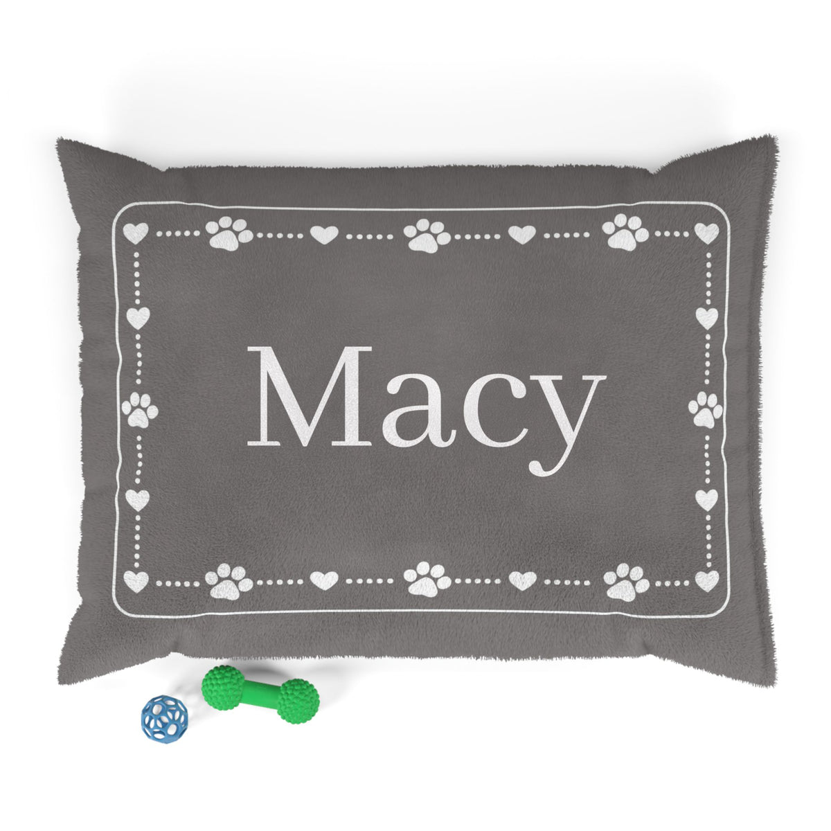 Personalised Pet Bed (Dog or Cat) with Name – Custom Pet Bed (Grey with White Paw & Heart Border Design)