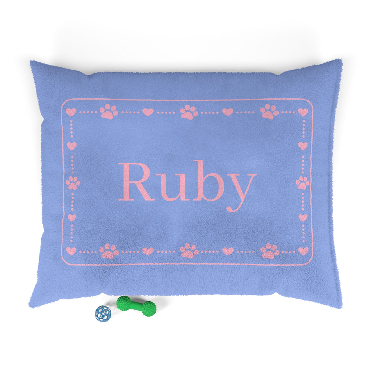 Personalised Pet Bed (Dog or Cat) with Name – Custom Pet Bed (Soft Blue with Pink Paw & Heart Border Design)